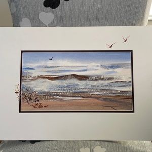 Scenic ocean watercolor matting embellished by artist signed by artist